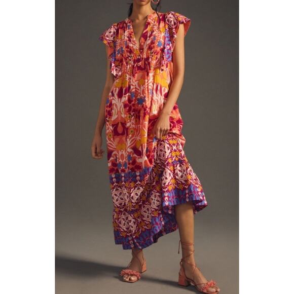 Anthropologie Maeve Cassandra Maxi Dress Flutter Sleeve Boho Pink Peach Floral - Picture 1 of 6